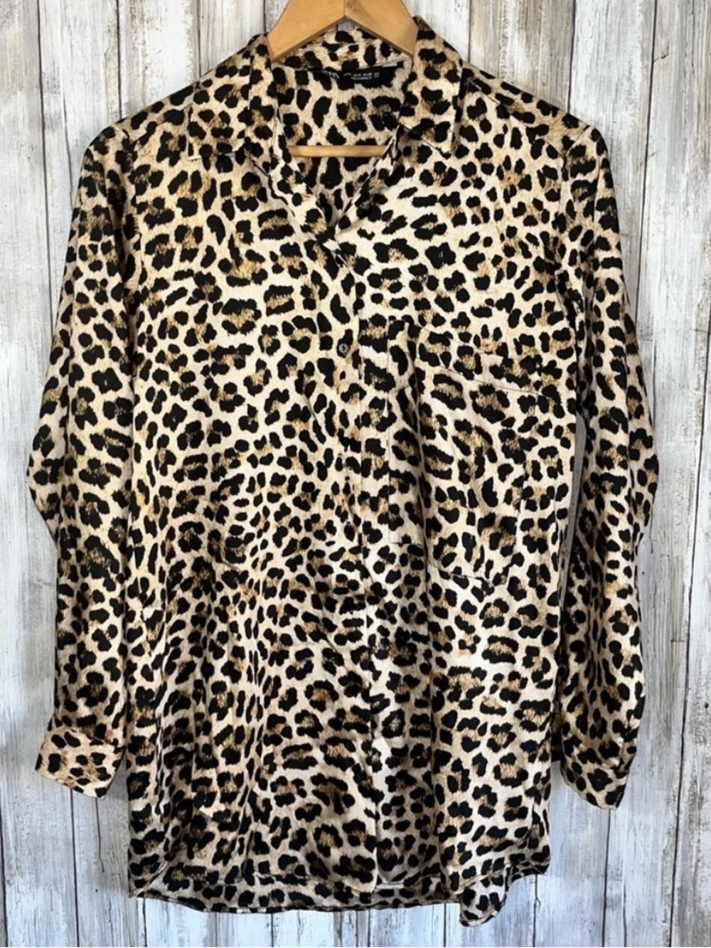 Zara Leopard Print Satin Button Down Blouse Long Sleeve Pocket Top Size S